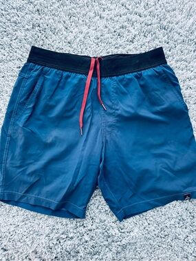 Mens Prana Blue Swim Board Shorts Black Waistband Red Drawstring Small